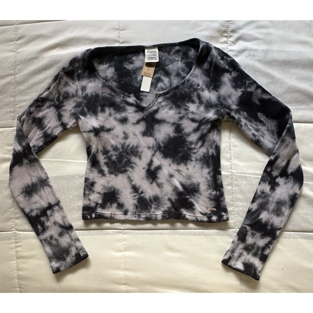 Victoria's Secret PINK tie-dye long-sleeve waffle crop top Blue & White Size S